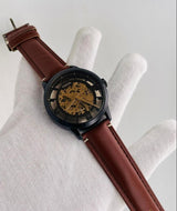 Fossil Skeleton Automatic Men's Watch | Black Case, Brown Leather Strap